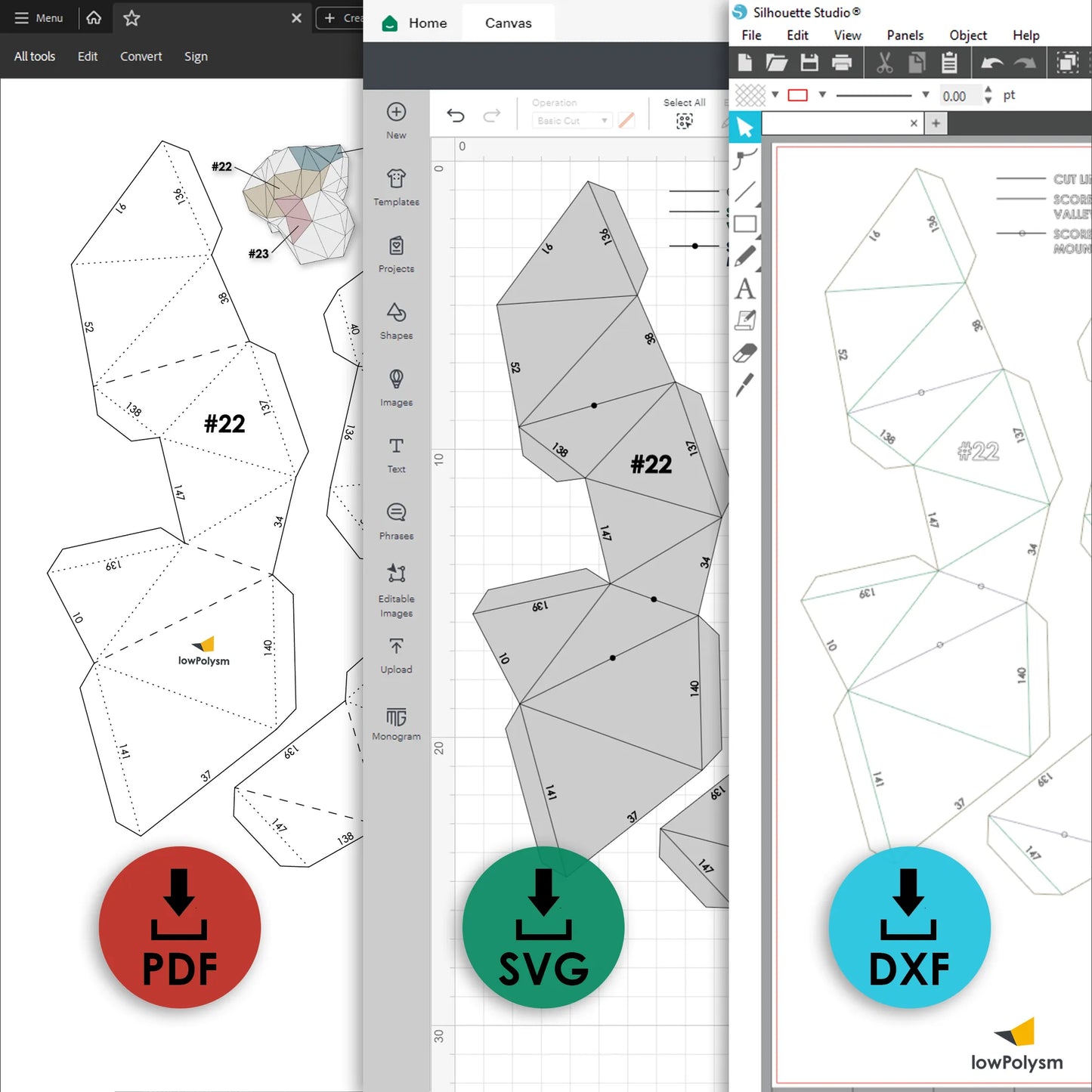 GIANT POPCORN template cut files shown as PDF, SVG for Cricut, and DXF for Silhouette machine cutting