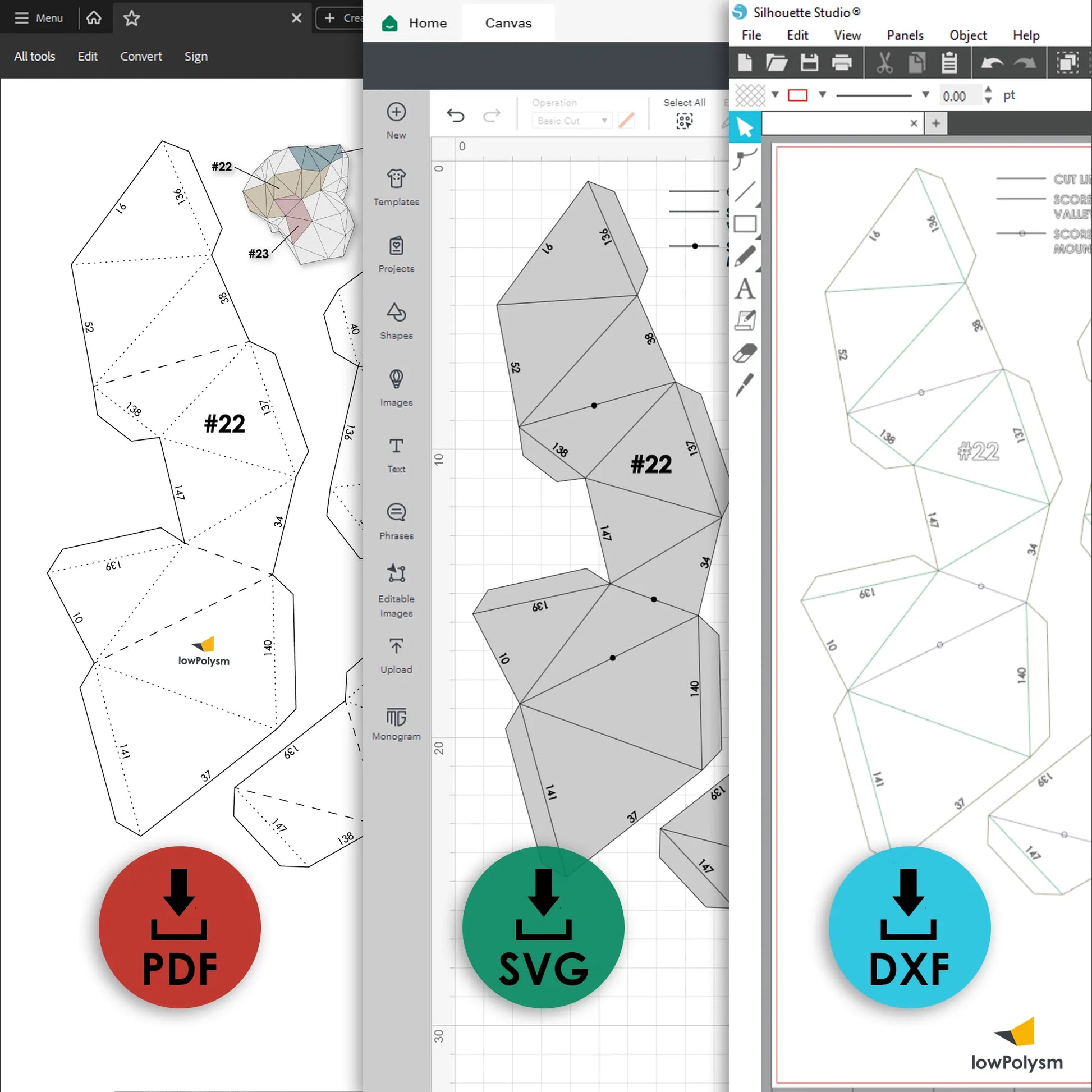 GIANT POPCORN template cut files shown as PDF, SVG for Cricut, and DXF for Silhouette machine cutting
