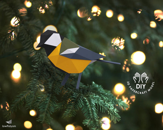 Great tit bird 3d papercraft on Christmas  tree branch