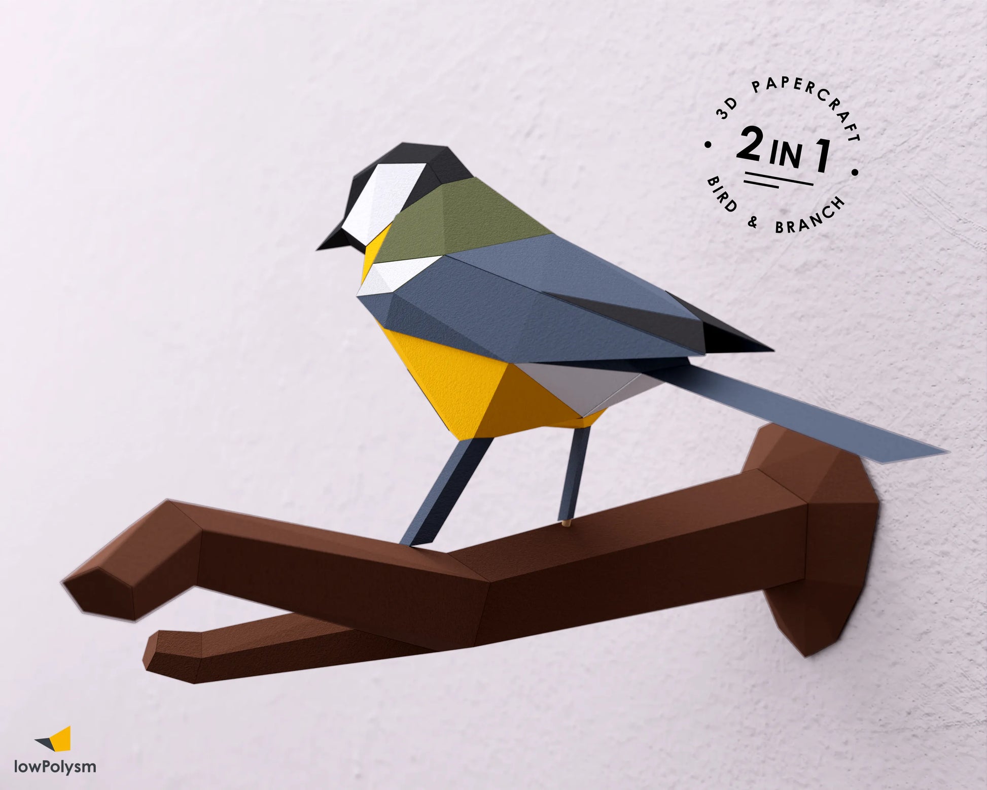 Great Tit bird sitting on tree branch paper art