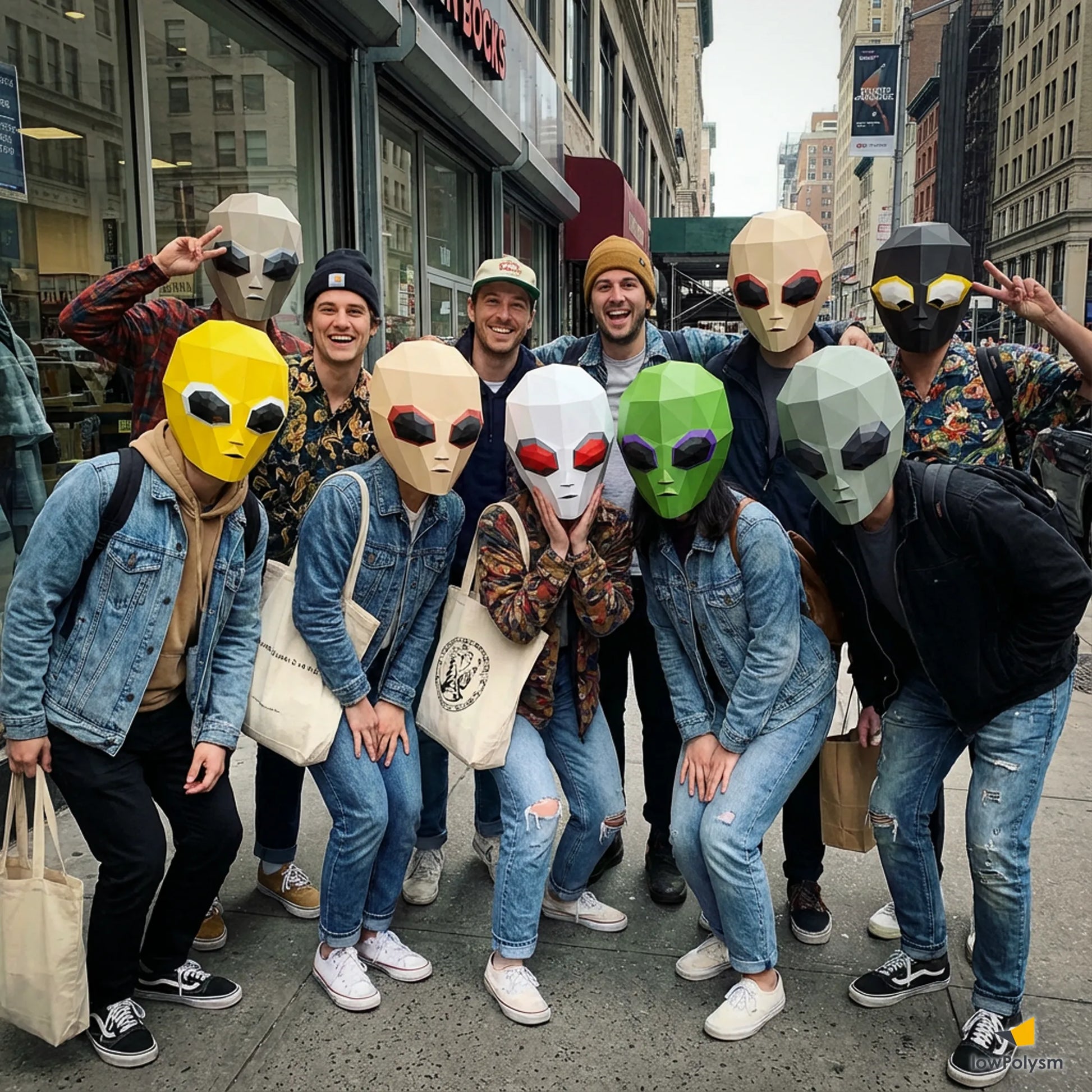 roup of friends posing on a city street wearing colorful low-poly alien 3D papercraft masks.