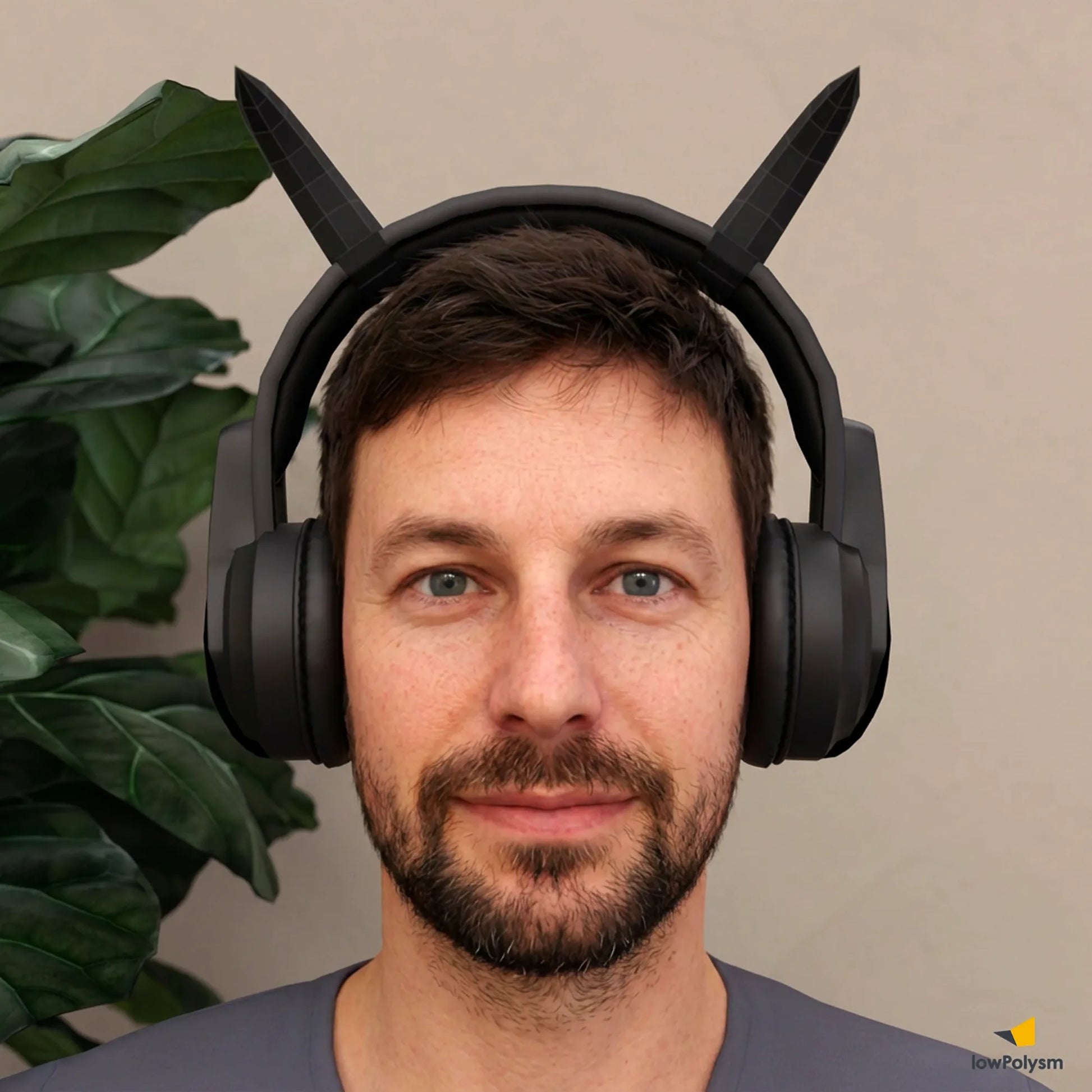 3D papercraft devil horns accessory for gaming headsets, shown in black as a DIY printable headphone attachment.