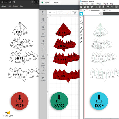 Digital download templates for demon horns headset attachment in PDF, SVG, and DXF formats for Cricut and Silhouette users.