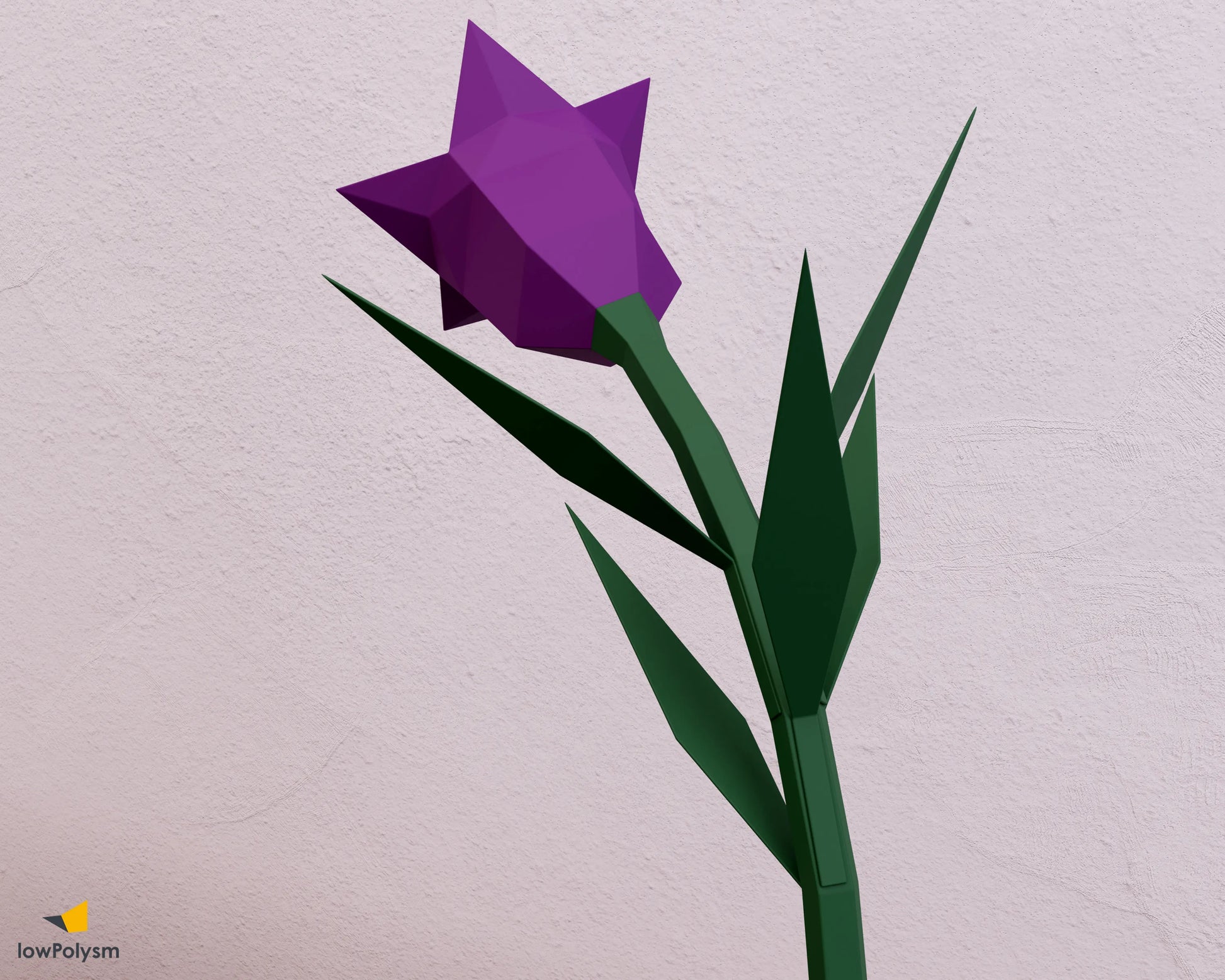 Rear view of a single purple 3D papercraft bellflower, highlighting the clean low-poly geometry and attachment of the green leaves.