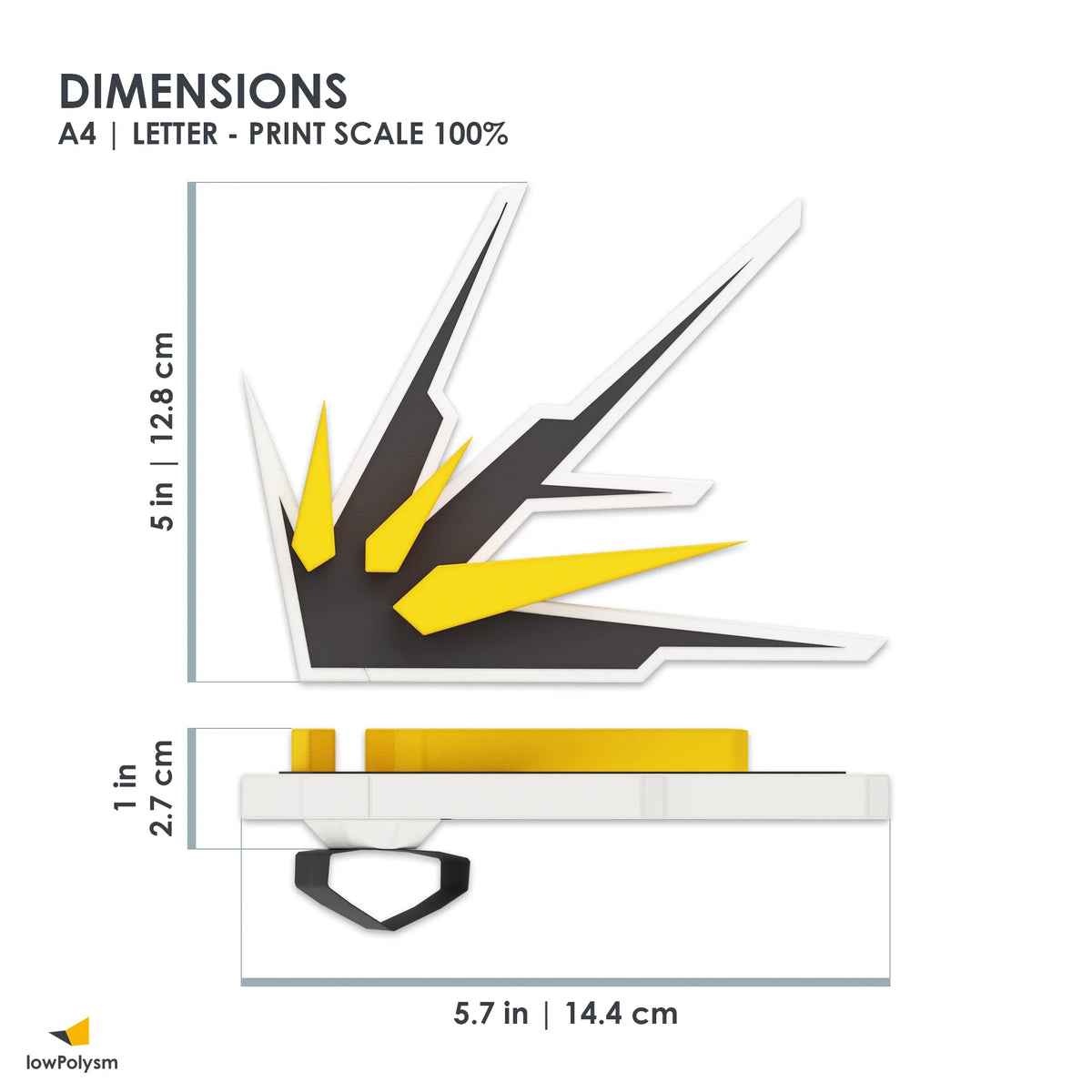 Dimensions measurement chart for MECHA WINGS papercraft showing 5 inch height and 5.7 inch width.