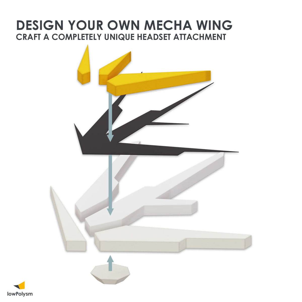 Exploded diagram showing layered assembly of MECHA WINGS template parts, base layers, and crystal accents.