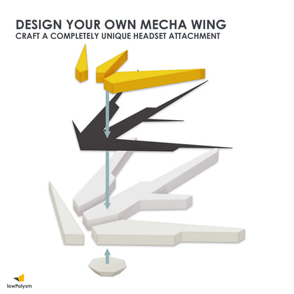 Exploded diagram showing layered assembly of MECHA WINGS template parts, base layers, and crystal accents.