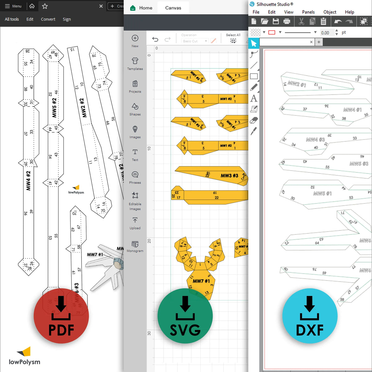 Preview of MECHA WINGS digital cut files in PDF, SVG, DXF, and Silhouette STUDIO3 software formats.