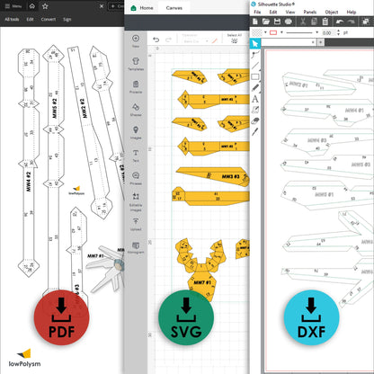 Preview of MECHA WINGS digital cut files in PDF, SVG, DXF, and Silhouette STUDIO3 software formats.