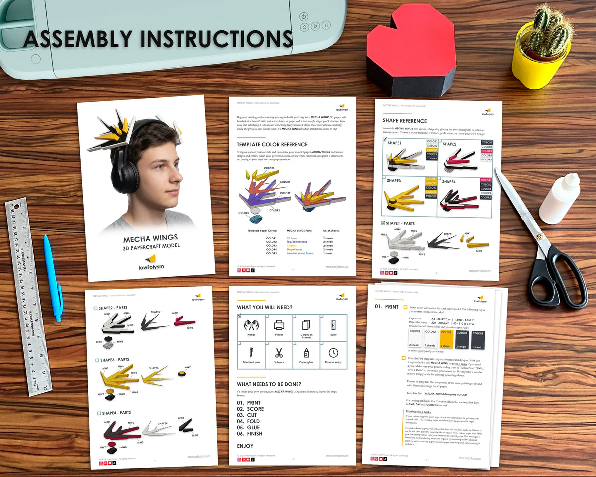 A flat-lay of assembly instructions for a 3D printable mech a wings model, displayed on a wooden desk alongside a 3D printer, ruler, pen, scissors, and other crafting supplies.