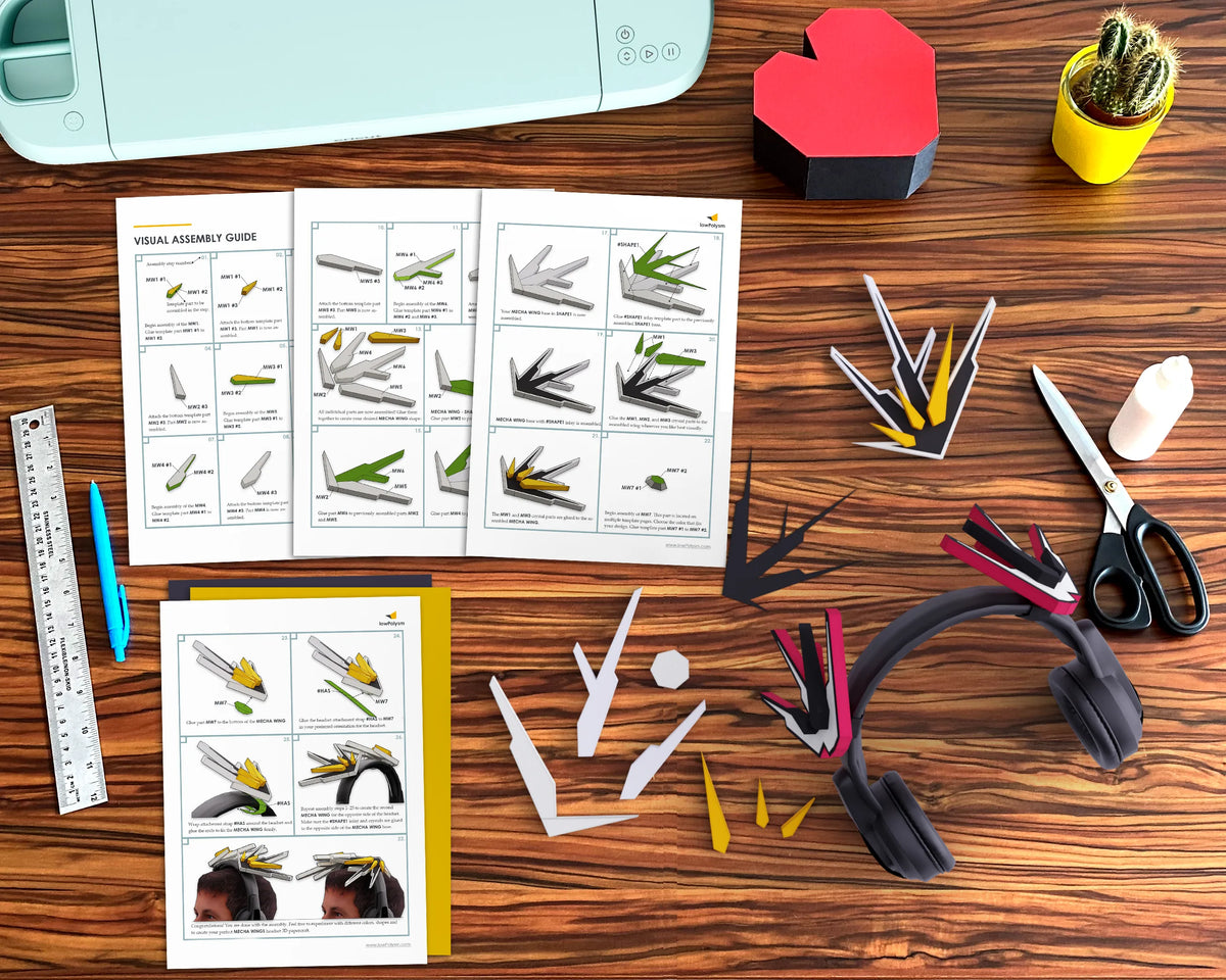 Crafting table layout displaying the visual step-by-step folding and gluing guide for MECHA WINGS gaming headset attachment.