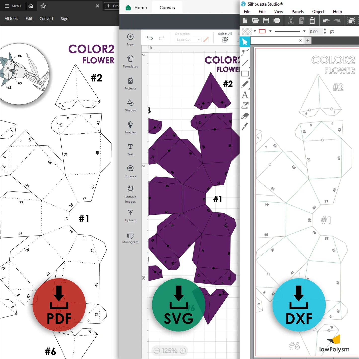 Silhouette Studio, Cricut Design Space with flower templates and download options for PDF, SVG, and DXF