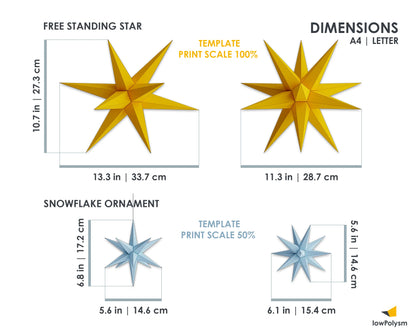 Size guide for printable papercraft models: free-standing Christmas star and snowflake star ornament.