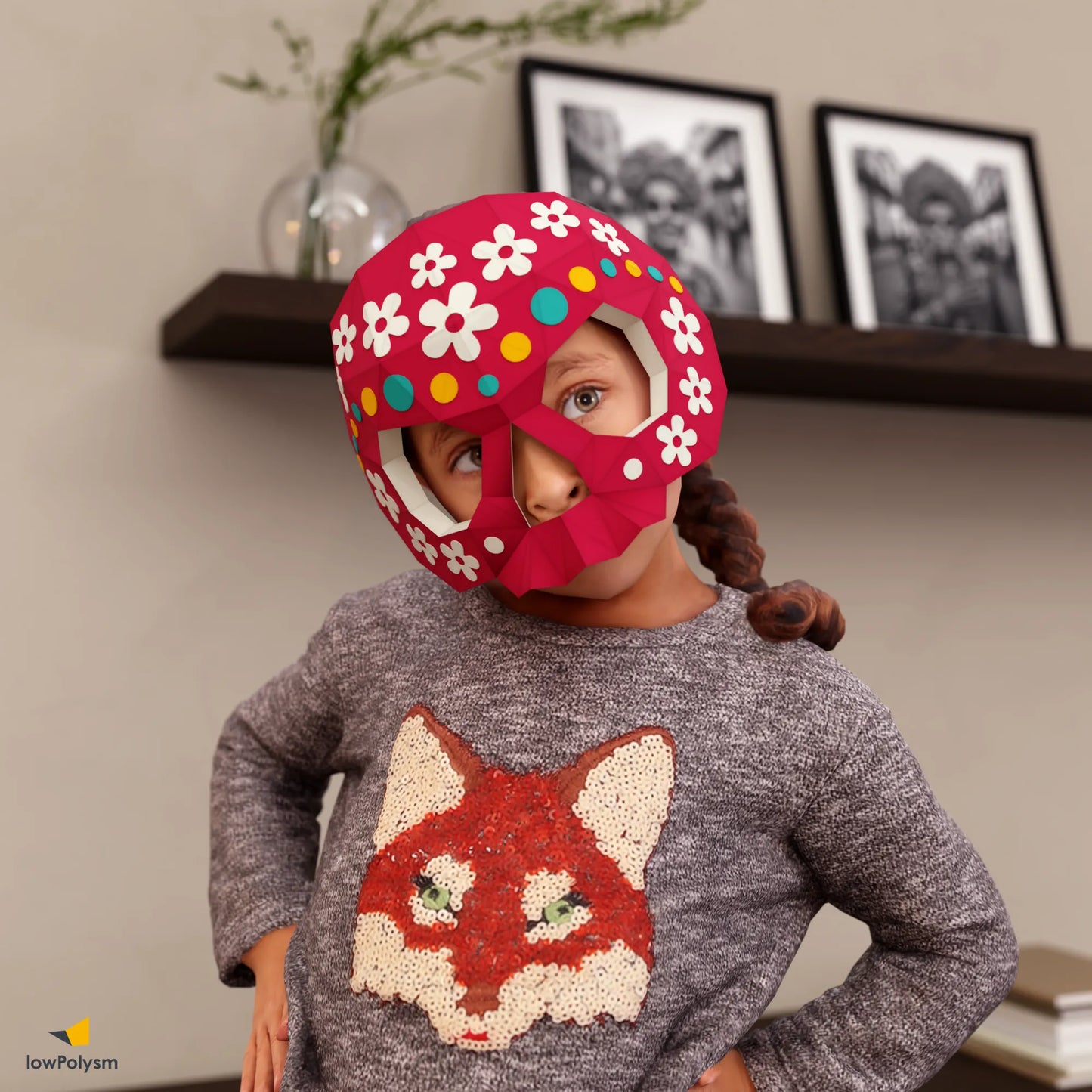 Kid wearing pink floral sugar skull mask made from DIY 3D papercraft pattern.