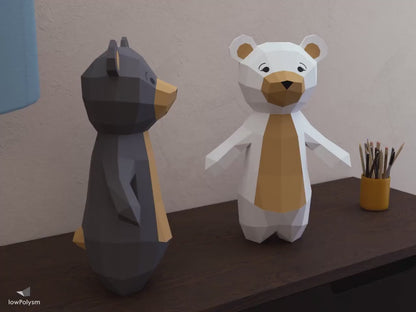 lowPolysm brown teddy bear with polar bear 3d papercraft model on sideboard.