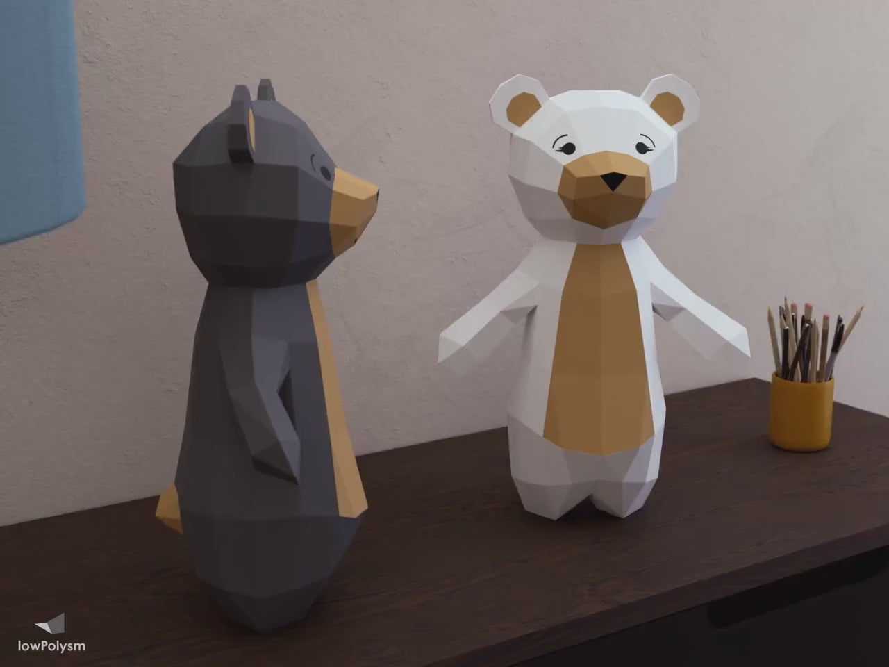 lowPolysm brown teddy bear with polar bear 3d papercraft model on sideboard.