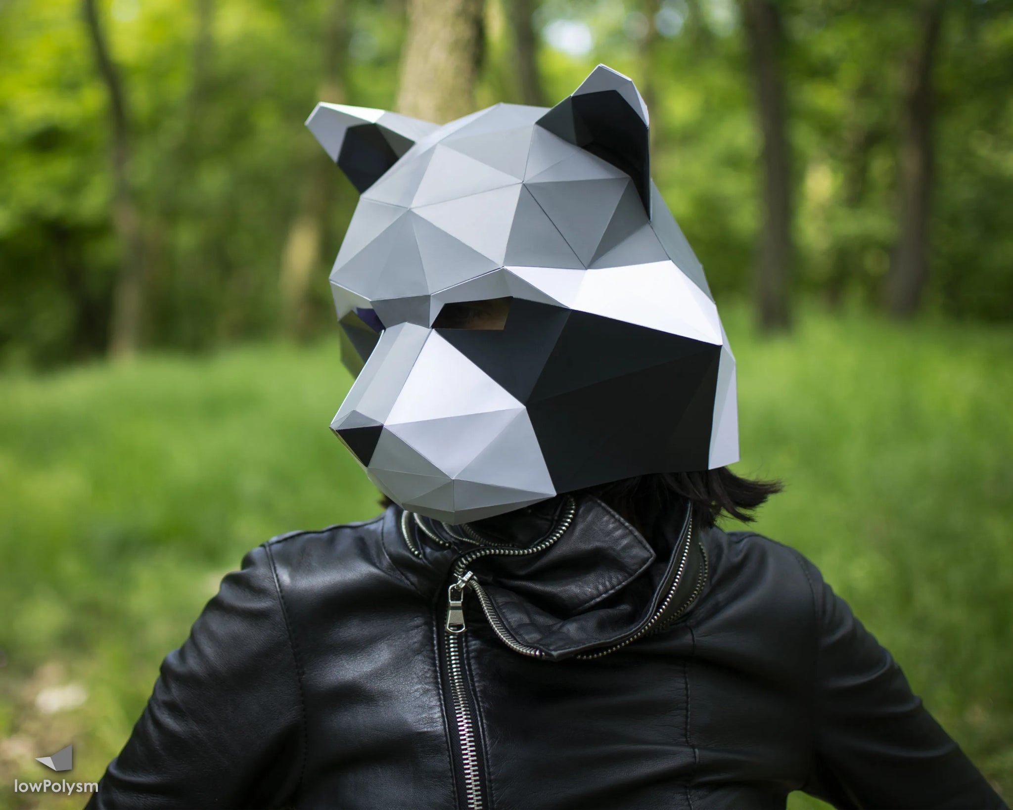 Raccoon therian mask diy lowpoly paper craft in forrest