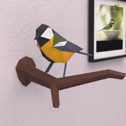 GREAT TIT: DIY 3D Papercraft - Lowpoly Bird on Branch - 3D Paper Model