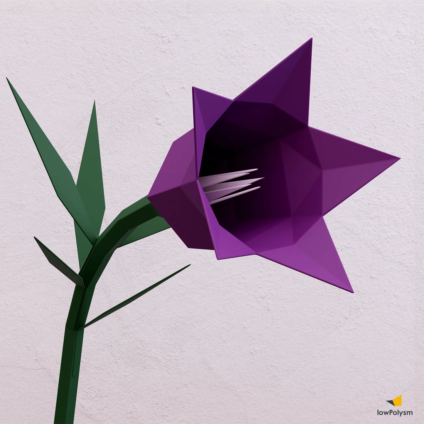 Close-up view of a purple 3D papercraft bellflower showing geometric low-poly details and the internal flower elements.