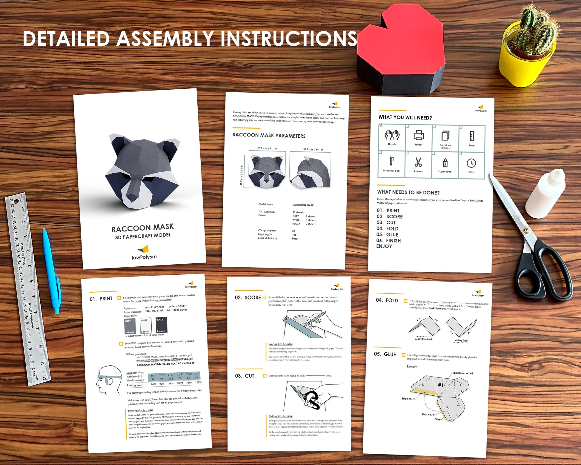 Printable raccoon papercraft mask assembly instructions displayed on a wooden table with cutting tools and materials for DIY crafting.