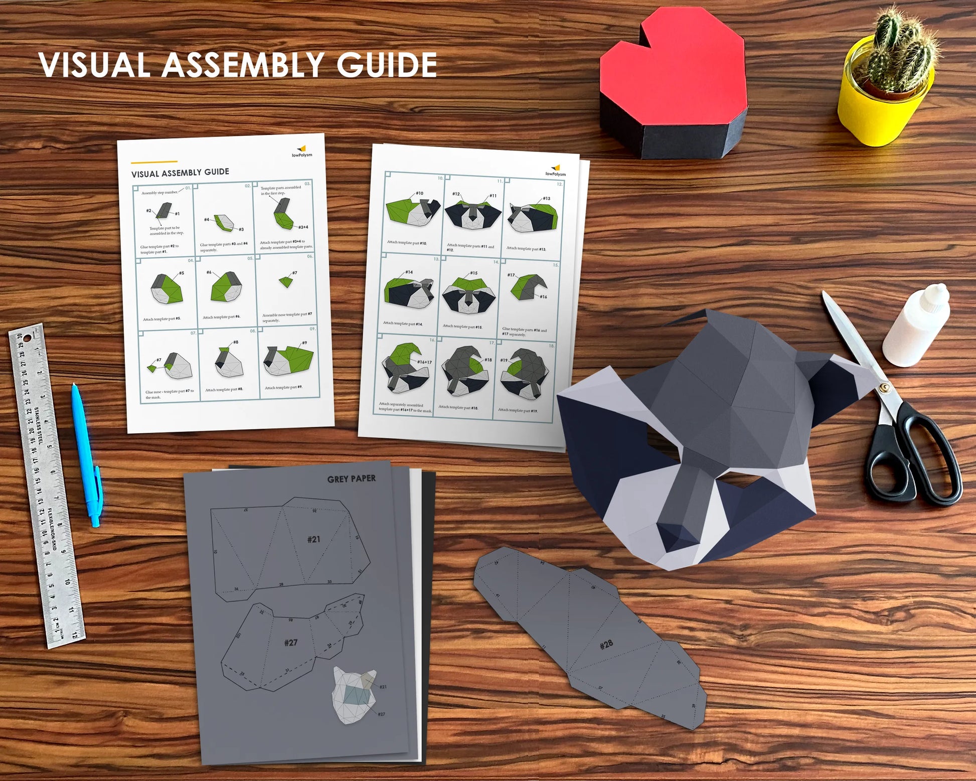 DIY 3D raccoon papercraft mask being assembled on a table with printed templates, scissors, glue, and folding instructions.