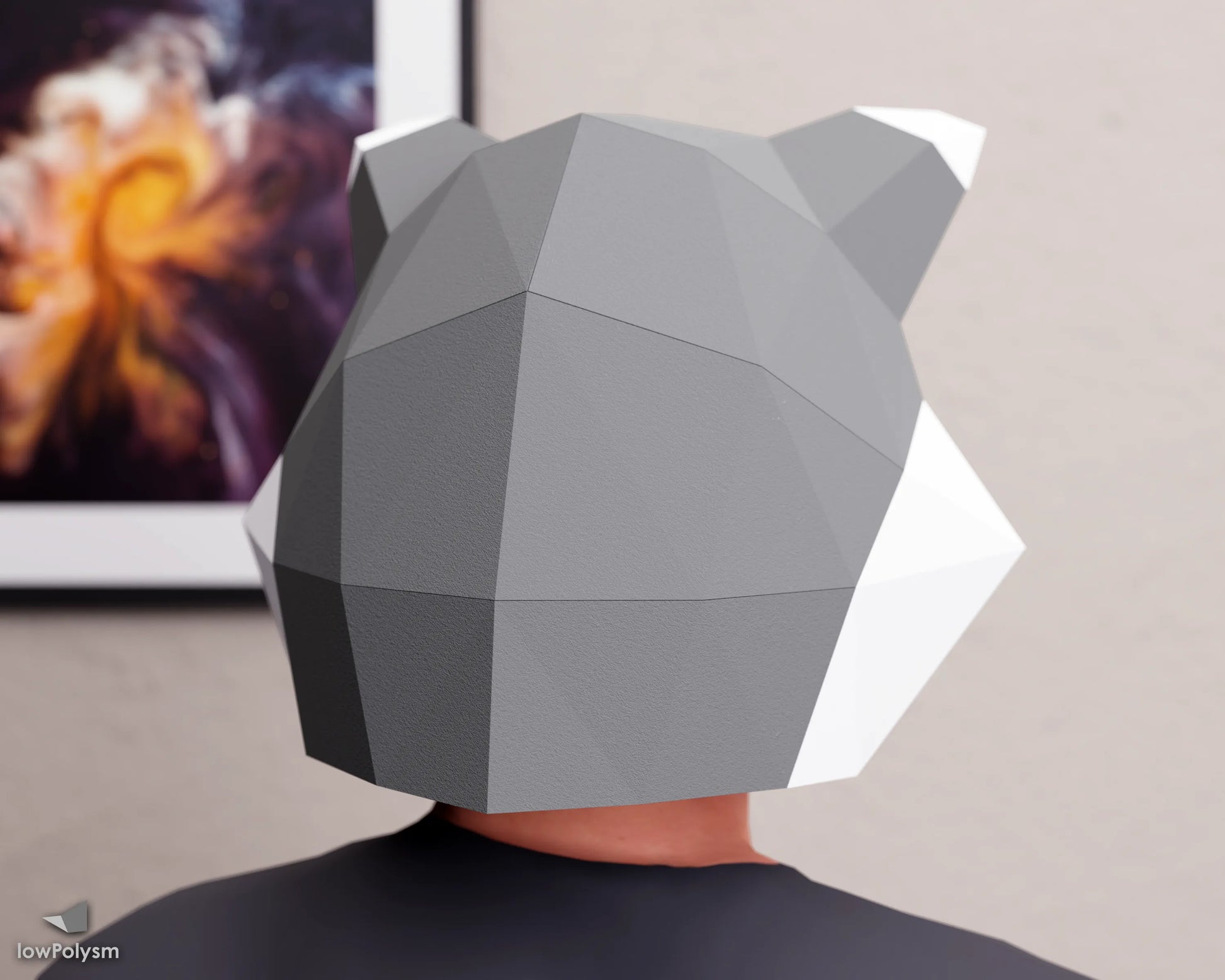 Back view of the 3D low-poly raccoon papercraft mask showing geometric structure and printable therian mask design.
