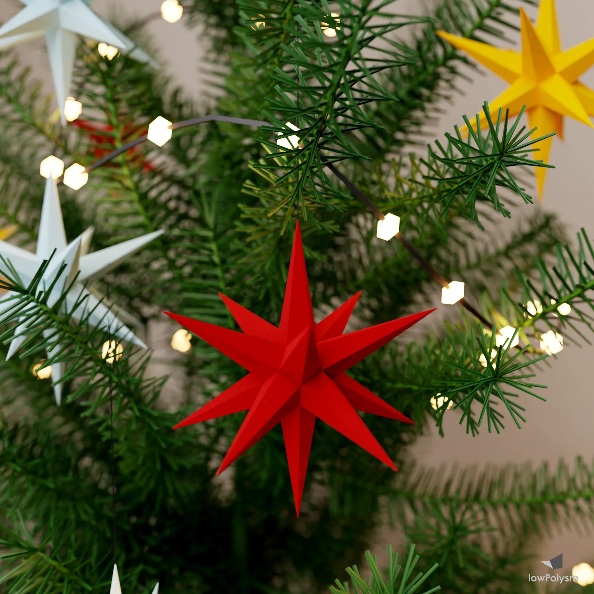 Red 3D paper Christmas star ornament hanging on a tree with warm fairy lights.