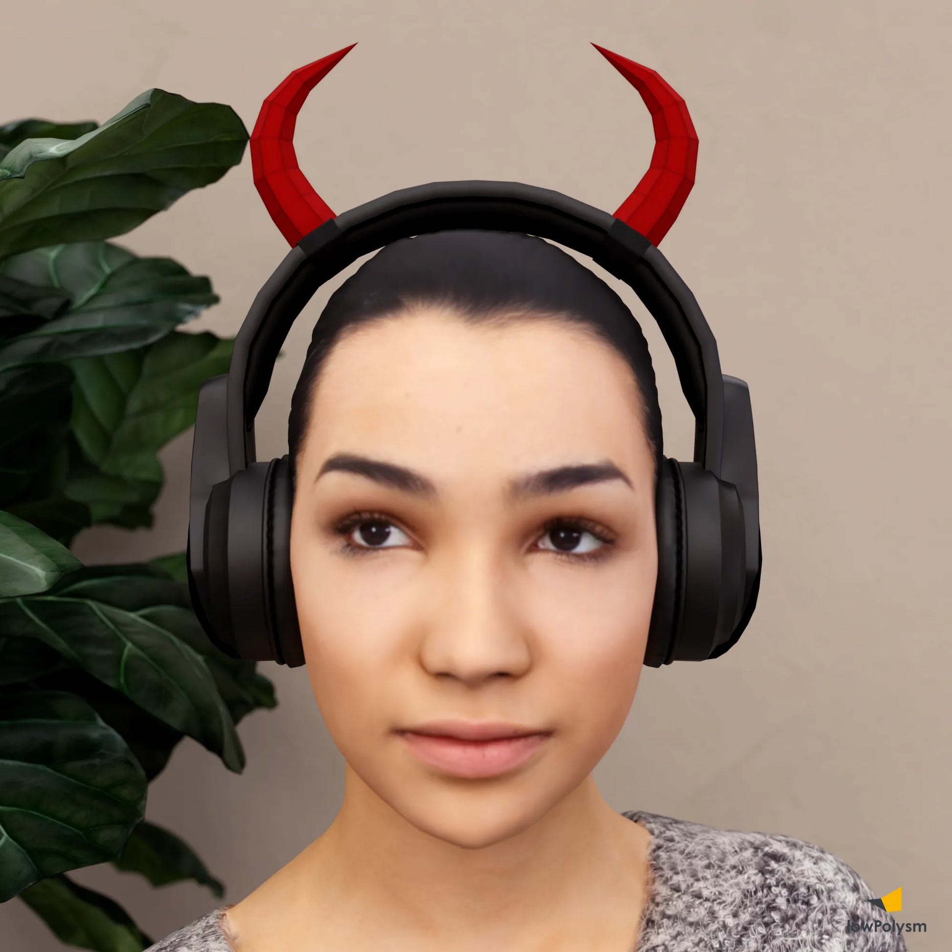 Female gamer wearing red 3D papercraft demon horns on black headphones, a lightweight DIY headset mod.