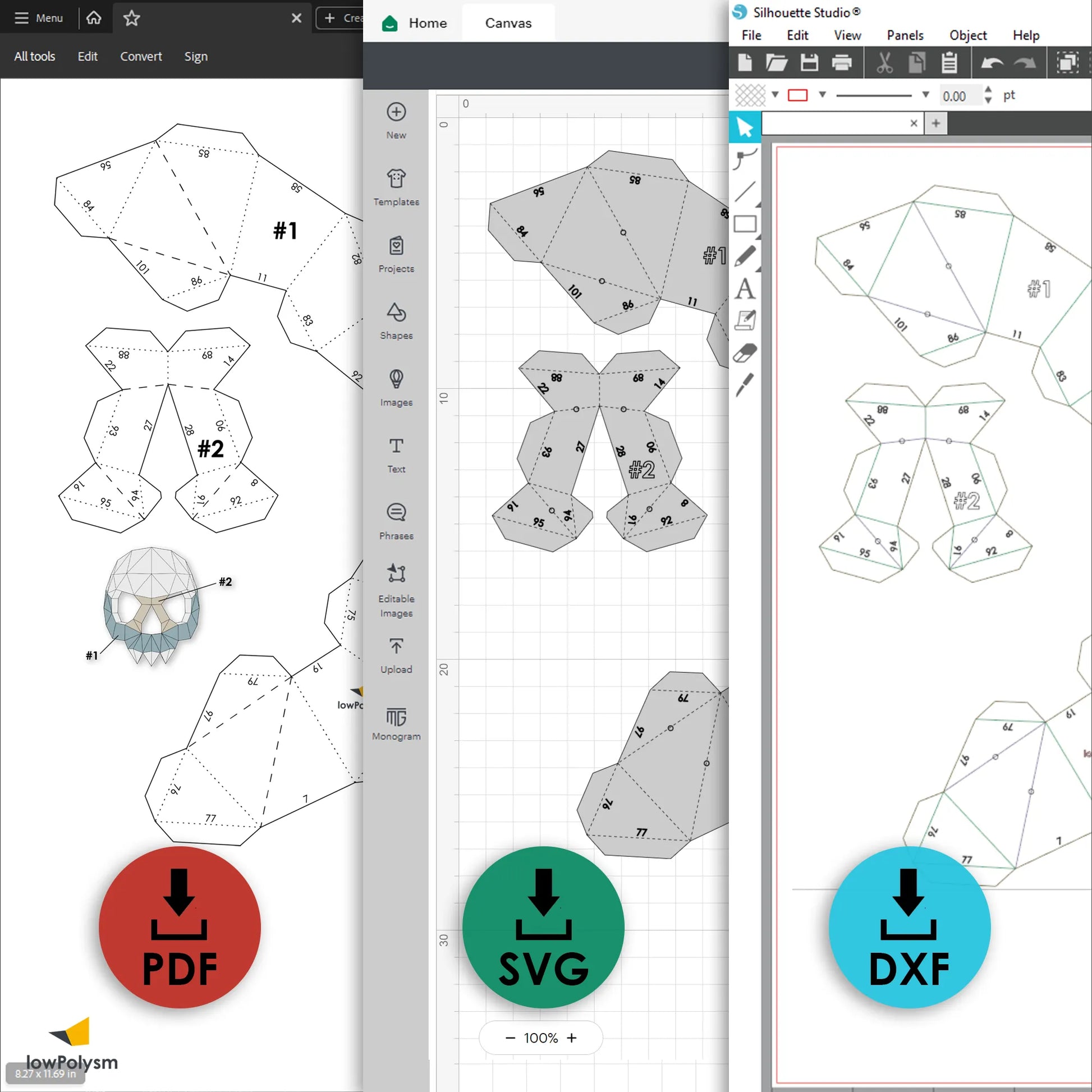 Printable 3D sugar skull mask papercraft templates in PDF, SVG and DXF formats for DIY Día de los Muertos mask.