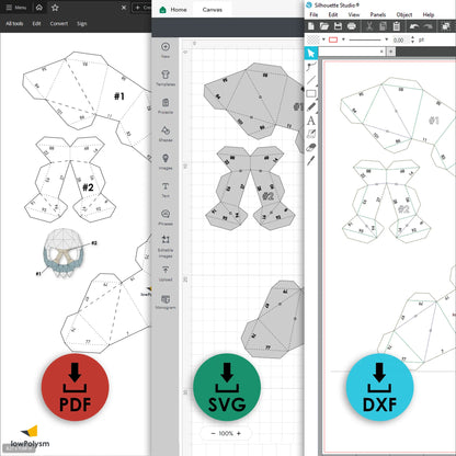 Printable 3D sugar skull mask papercraft templates in PDF, SVG and DXF formats for DIY Día de los Muertos mask.