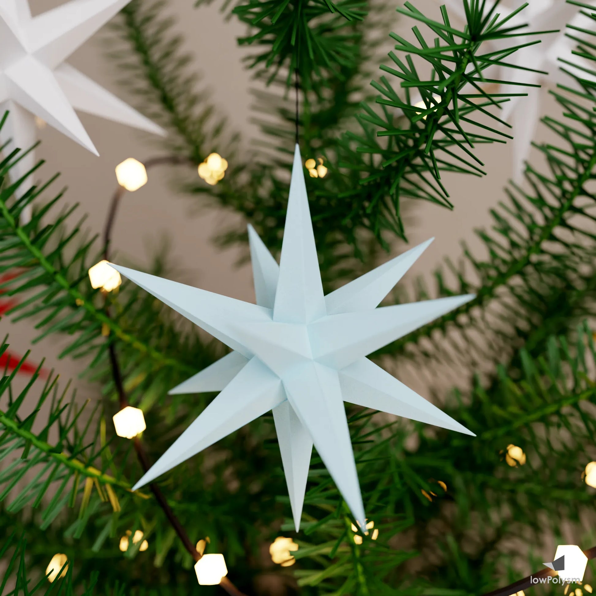 Light DIY snowflake-style 3D papercraft star ornament hanging on Christmas tree branches.