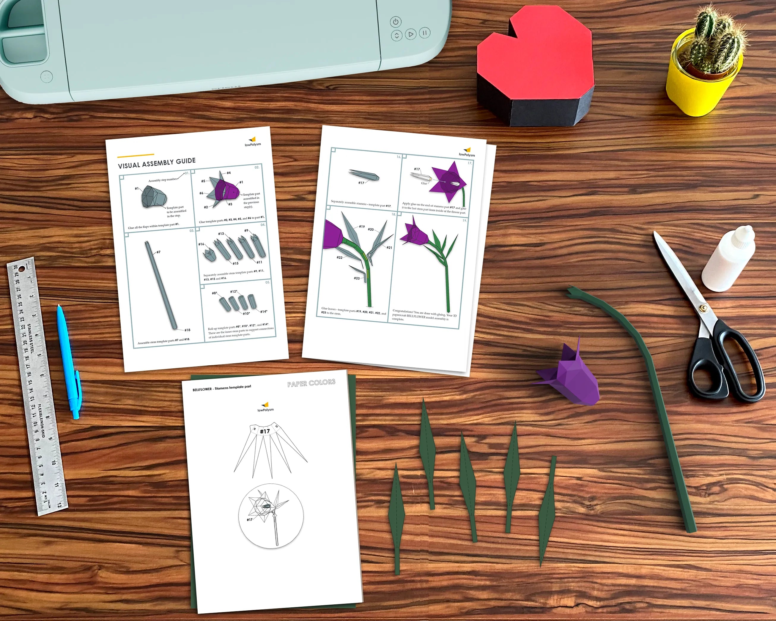 Detailed 3D visual assembly guide showing how to connect numbered flaps and edges for the paper flower model.