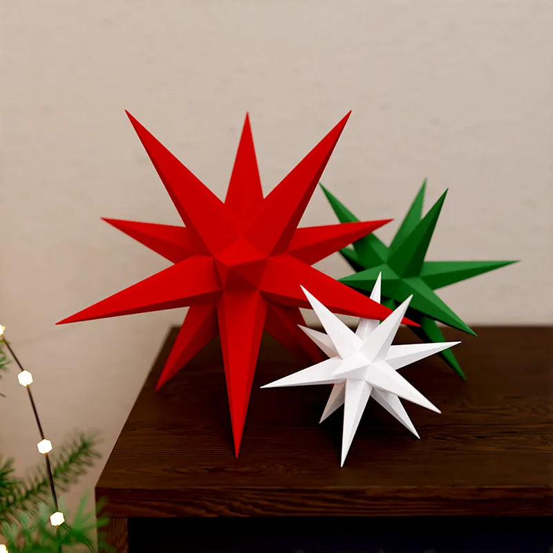 Table top Christmas star decorations in red, green, white colors and in different sizes.