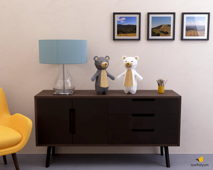 Sideboard with teddy bears in kids room as decor