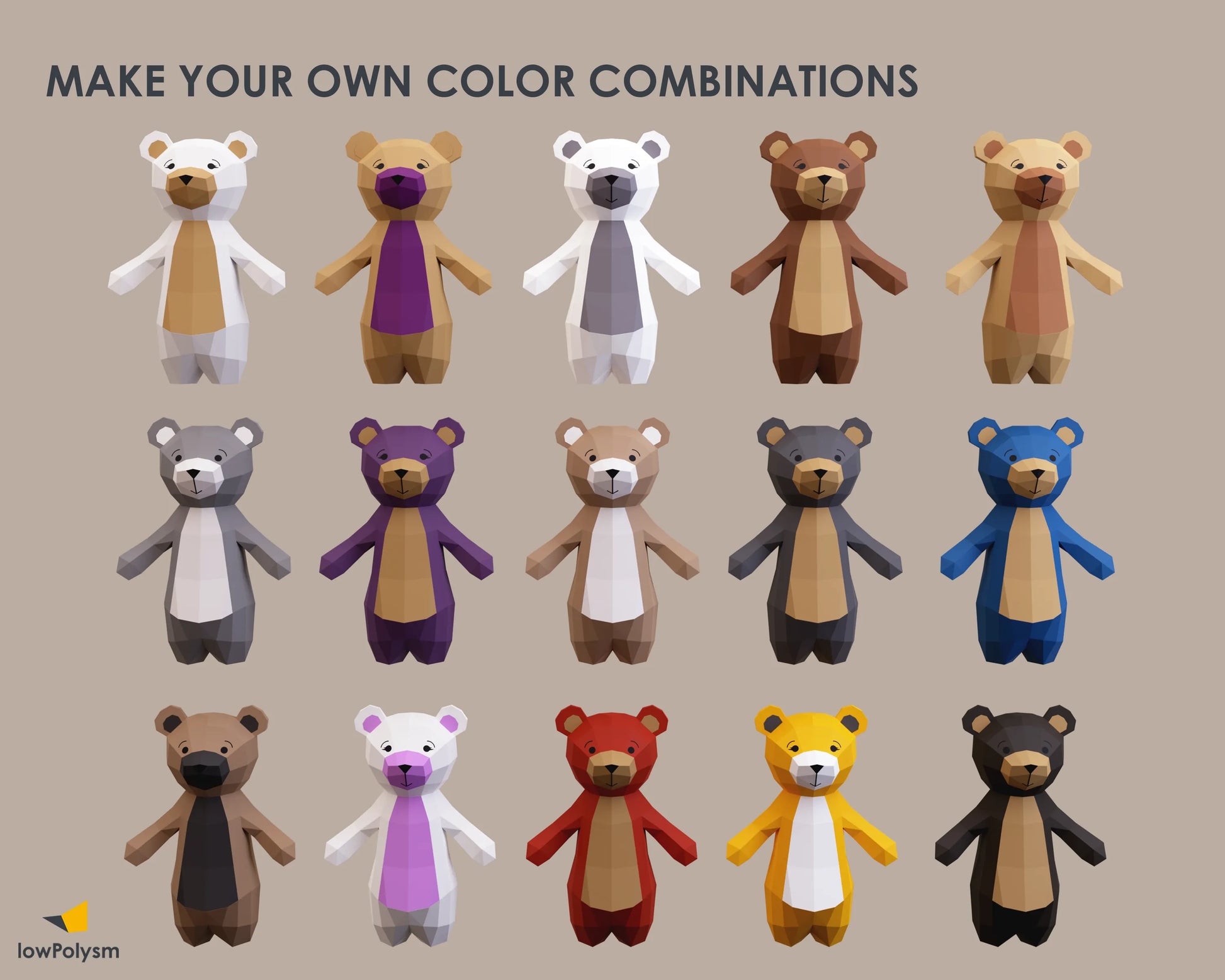 Teddy bear papercraft in different color combinations