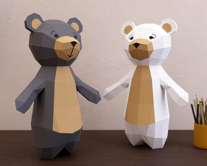 Cute paper teddy bears grey and white 3d paper models on desk