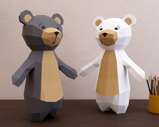 Cute paper teddy bears grey and white 3d paper models on desk