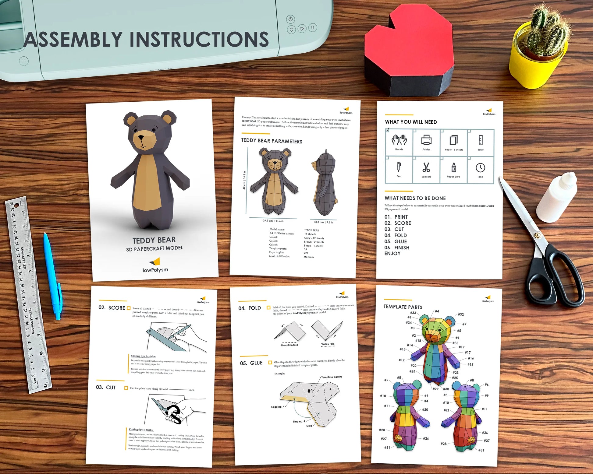 Teddy bear 3d paper craft assembly instructions on table