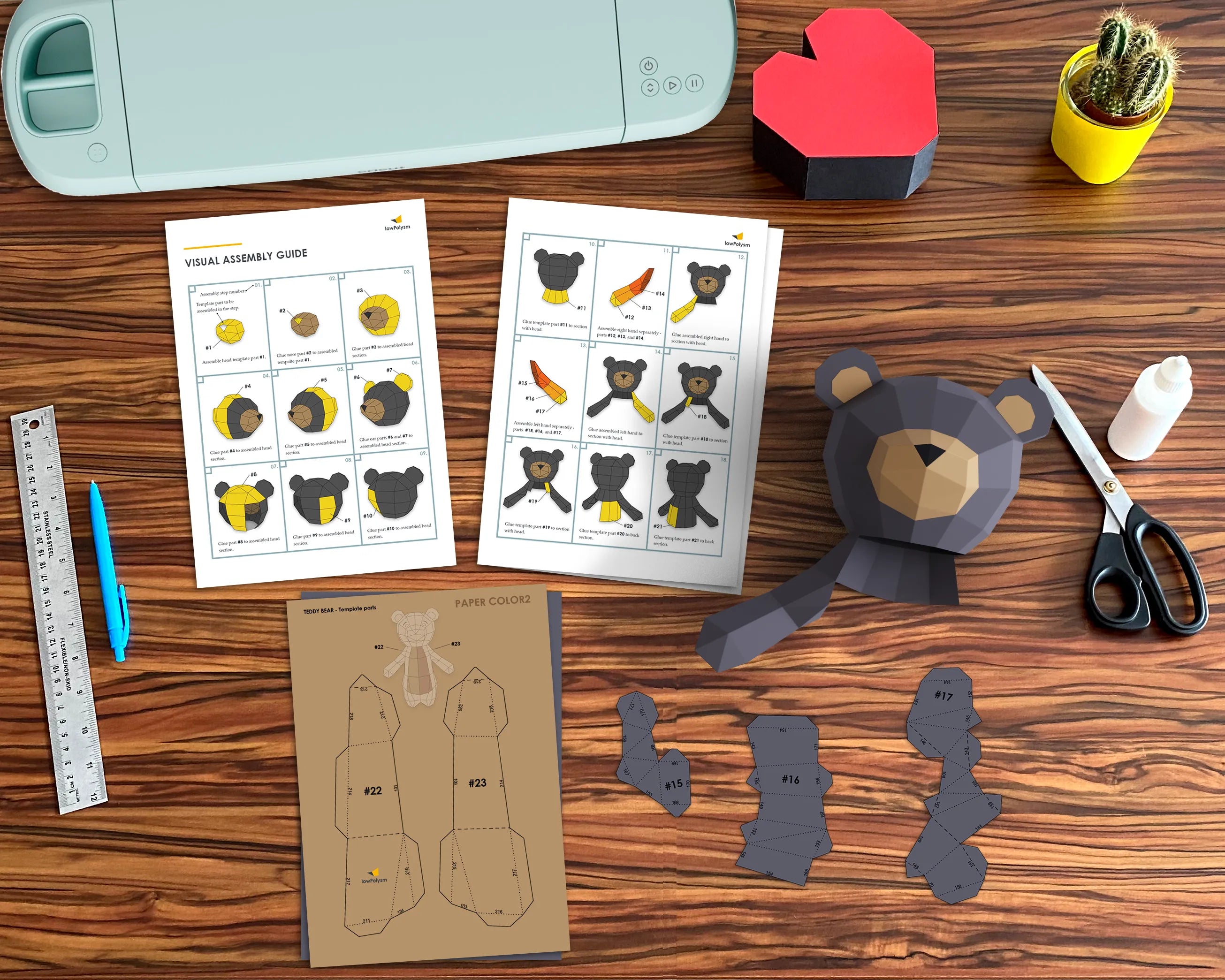 Teddy bear papercraft templates with assembly guide