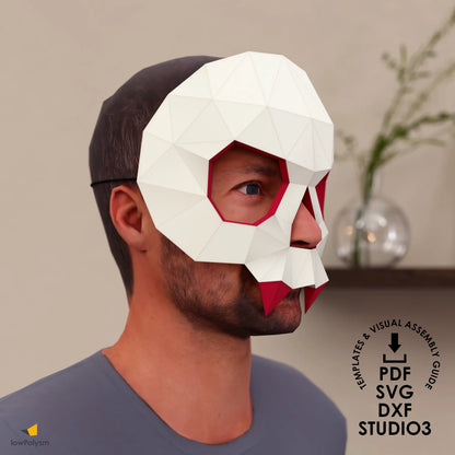 Adult wearing white skull mask assembled from a printable papercraft templates in PDF, SVG, DXF, STUDIO3 formats.