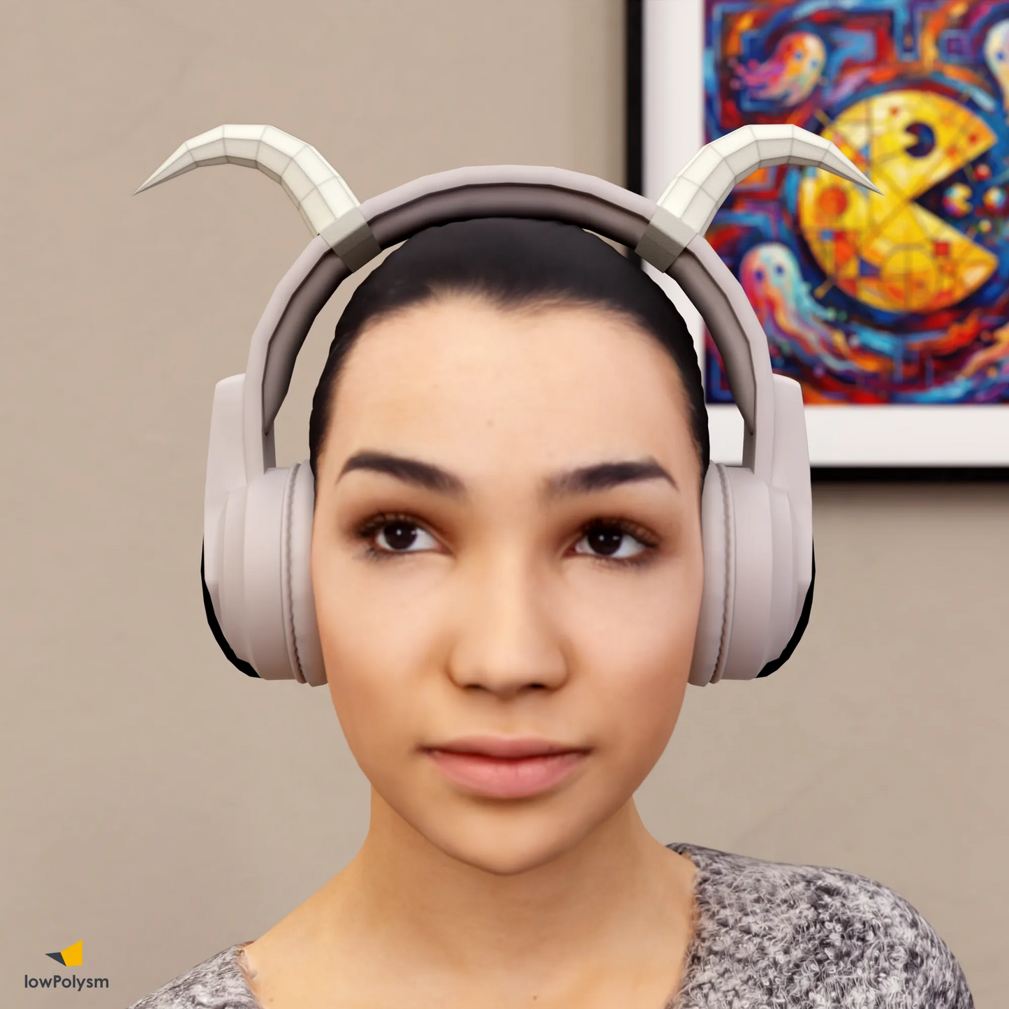 Woman wearing white 3D paper craft demon horns on a gaming headset, showcasing the lowPolysm DIY attachment.