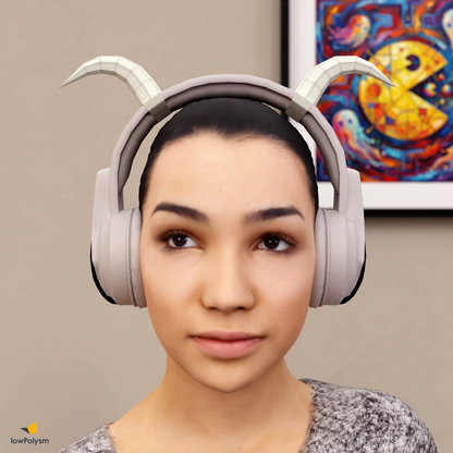 Woman wearing white 3D paper craft demon horns on a gaming headset, showcasing the lowPolysm DIY attachment.